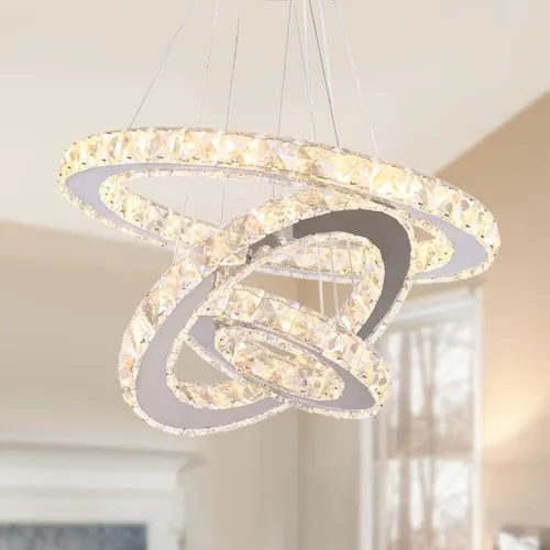 Miniatura 8 de Lámpara de araña moderna de cristal de corazón de 3 anillos con iluminación LED colgante de acero inoxidable para sala de estar, comedor y blanco