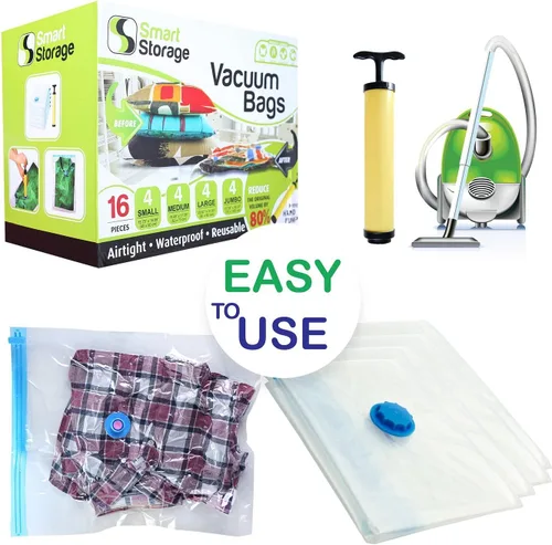 Miniatura 5 de Paquete de 16 bolsas de almacenamiento al vacío que ahorran espacio con bomba de mano, 4 jumbo, 4, grandes, 4, medianas, 4 pequeñas bolsas