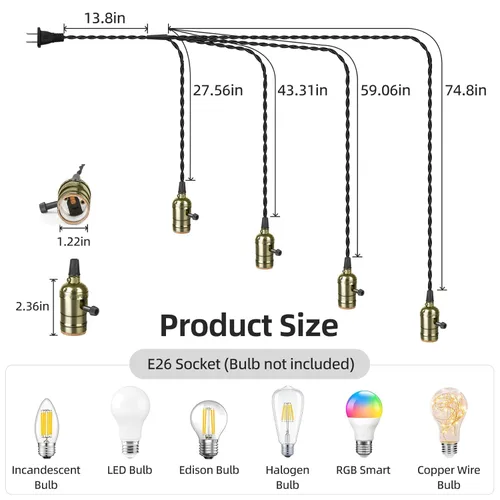 Miniatura 6 de Kit de lámpara colgante enchufable vintage con 1 a 4 enchufes colgantes E26/E27, lámpara colgante industrial con interruptores giratorios Bronce