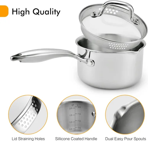 Miniatura 3 de Cacerola de acero inoxidable con tapa de vidrio templado, olla multiusos de 2.5 cuartos de galón, olla para verter fácilmente con mango ergonómico