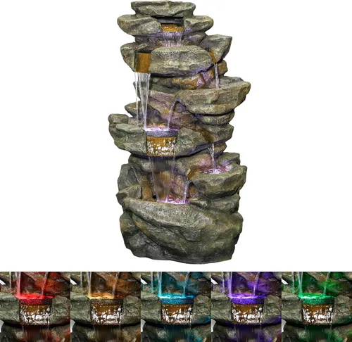 Alpine Corporation Fuente de suelo de cascada para exteriores de 51 pulgadas de alto, diseño resistente a la intemperie con luces LED que cambian de