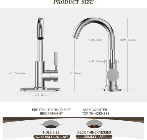 Miniatura 5 de Phiestina WE08E-BN - Grifo de lavabo de baño de una sola manija con placa de cubierta de 4 pulgadas y drenaje de metal, apto para instalación de 1