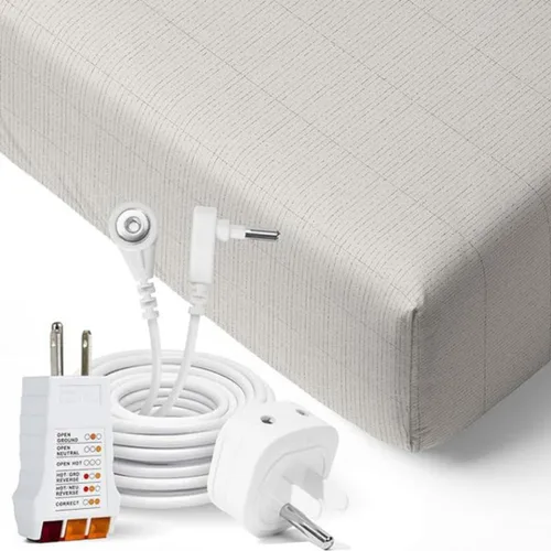 Juego de sábanas orgánicas para cama (95 % algodón, 5 % fibra plateada) con cable de 15 pies, probador de salida de seguridad y bolígrafo de
