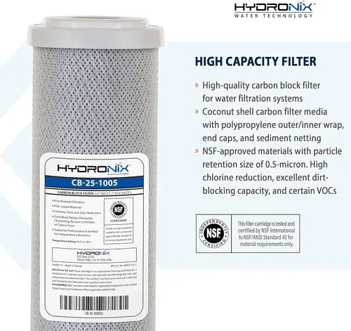 Miniatura 2 de Hydronix CB‑25‑1005 Filtro de agua de bloque de carbono de coco para toda la casa – Cartucho de repuesto de 5 micras para sistemas de RO y agua