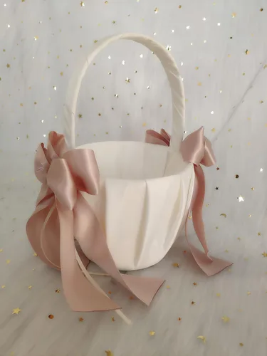 Miniatura 2 de Cesta blanca para niña de las flores con lazo de doble cinta rosa para ceremonia de boda, renovación de votos, baby shower, recuerdo de fiesta
