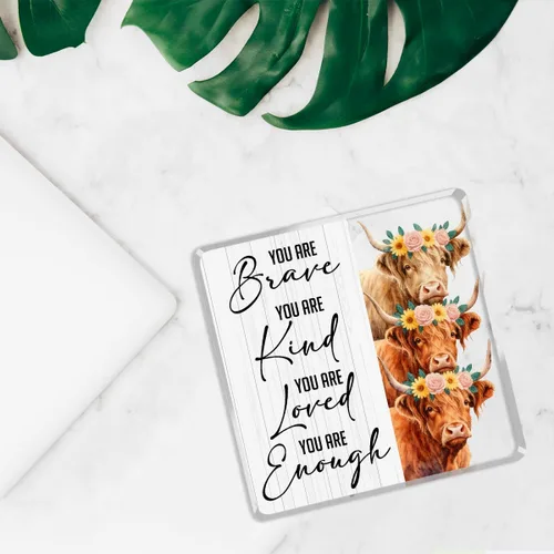 Miniatura 4 de Highland Cow Gifts - Letrero acrílico con texto en inglés "You are Brave Kind Loved Enough Positive Inspirador Highland Cow Regalos para Amigos