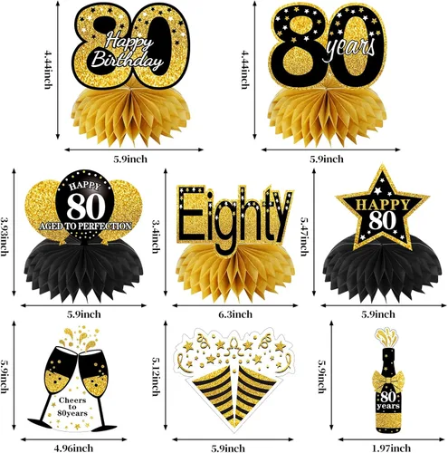 Miniatura 3 de Turypaty Kit de 36 decoraciones de cumpleaños número 80 para hombres y mujeres, globos de feliz cumpleaños de 80 años, globos de panal de abeja, Oro