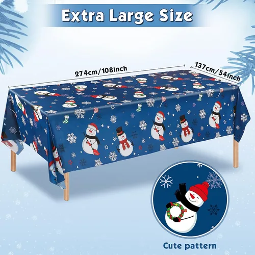 Miniatura 2 de Irenare 1 pieza de mantel de Navidad con muñeco de nieve de invierno, cubierta de mesa de muñeco de nieve de plástico desechable con copo de nieve