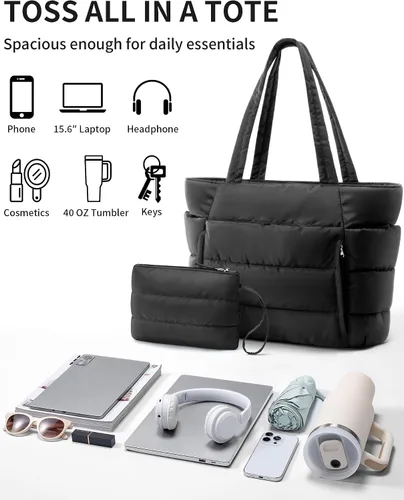 Miniatura 7 de Bolsa Tote Acolchada para Mujeres, Bolsa de Mano de Trabajo Ligera y Esponjosa para Maestras y Enfermeras, Bolsa de Hombro Acolchada para Escuela