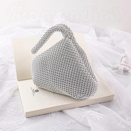 Miniatura 7 de Framendino, Bolso triangular, con estrás de estrás, bolso de noche, bolso de mano de lentejuelas, bolsa de lujo con cremallera