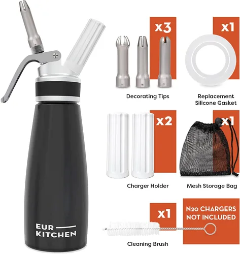 Miniatura 6 de EurKitchen - Dispensador profesional de crema batida de aluminio, recipiente para cremas sin fugas, 3 boquillas de decoración y cepillo de limpieza