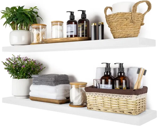 Miniatura 15 de BGMG Estantes flotantes de madera de 12 pulgadas, estantes flotantes negros, estantes de pared de madera maciza para baño, sala de estar