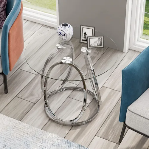 Miniatura 4 de O&K FURNITURE Mesa auxiliar plateada para sala de estar, mesa auxiliar de vidrio para dormitorio, moderna mesita de noche redonda de vidrio