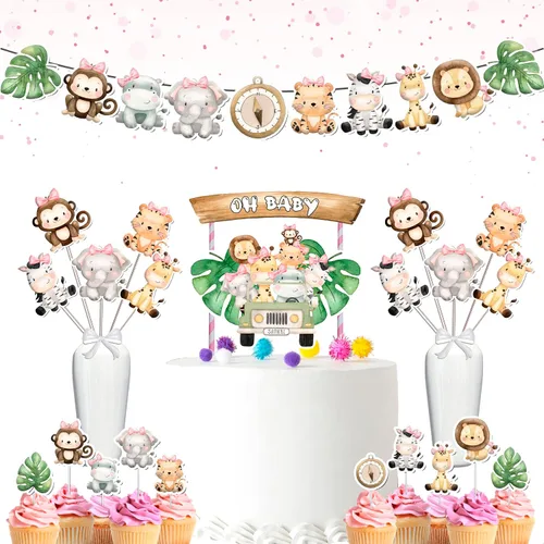 Juego de decoración de baby shower de animales de la selva para niña, paquete de animales de safari, suministros de fiesta temática para baby shower.