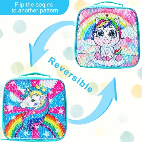 Miniatura 6 de 3 mochilas para niñas pequeñas, 12 pulgadas, con lentejuelas de unicornio y lonchera