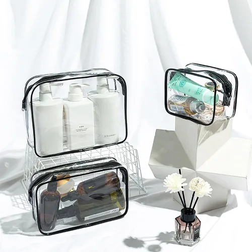 Miniatura 4 de Paquete de 4 bolsas de almacenamiento de maquillaje transparentes para bolsa de playa, accesorios con ganchos mosquetón, Claro, Bolsa