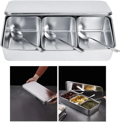 Miniatura 3 de Servidor de condimentos, tarro de condimentos de acero inoxidable de grado alimenticio de 21 onzas con cuchara y tapa, 3 compartimentos extraíbles