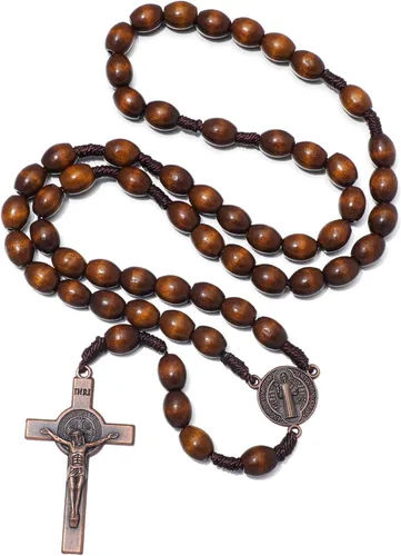 KOMI Rosarios católicos de madera hechos a mano, collar de cuentas de rosario de madera de Belén, medalla de suelo santo y cruz de metal para regalo