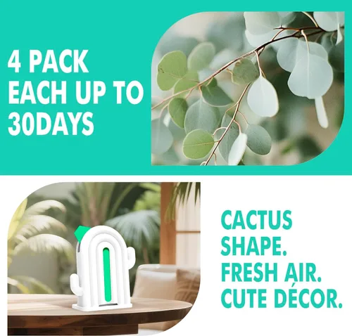 Miniatura 2 de Ambientador para el hogar, paquete de 2, 2 recargas, aroma de eucalipto, eliminador de olores, hasta 120 días, ambientador en forma de cactus