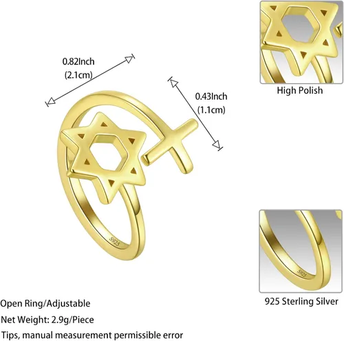 Miniatura 57 de Jewmon Anillo de plata de ley con estrella de David para mujer – Anillo ajustable Magen David – Amuleto Wicca – Regalos judíos