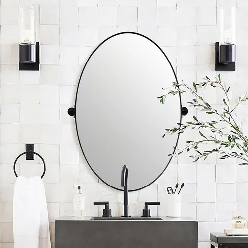 Miniatura 10 de MOON MIRROR Espejo de pivote ovalado dorado, espejo de tocador de baño de latón cepillado, espejo inclinable ovalado con marco fino de acero
