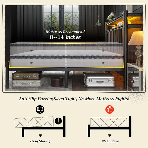 Miniatura 8 de Homkdom Base de cama de metal de tamaño individual con luces LED inteligentes y cabecera de almacenamiento de 2 niveles, base de colchón resistente