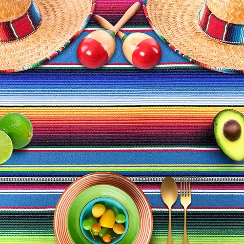 Miniatura 5 de OurWarm Mantel mexicano de 59 x 84 pulgadas para decoración de bodas y fiestas mexicanas, mantel cuadrado grande de algodón con flecos, manta Azul