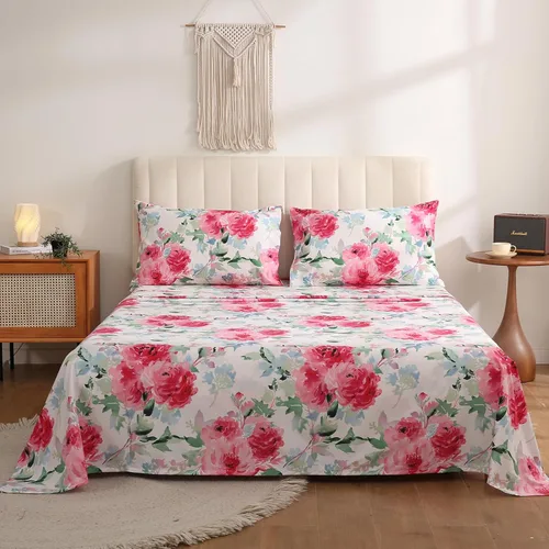 Miniatura 3 de JSD Juego de sábanas de acuarela con diseño floral de rosas, tamaño completo, 4 piezas, sábanas de microfibra suave estampada, bolsillo extra Floral
