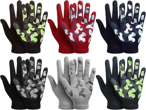Syhood 6 pares de guantes elásticos de invierno para niños, guantes de camuflaje con dedos completos para niños de 5 a 8 años