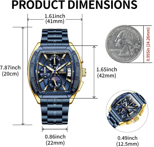 Miniatura 2 de OLEVS Relojes para Hombres Cronógrafo Impermeable Cara Rectangular Fase Lunar Correa de Acero Inoxidable Relojes de Vestir para Hombres Luminoso