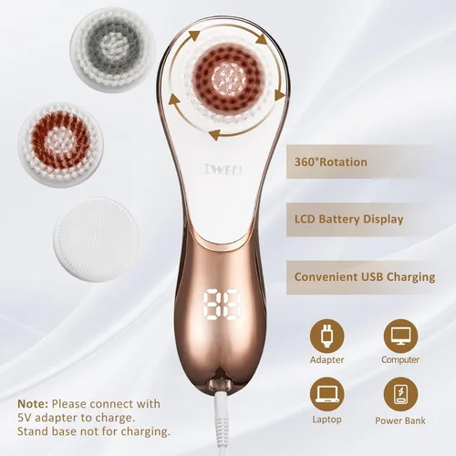 Miniatura 5 de Cepillo facial eléctrico recargable exfoliante facial IPX-7 impermeable rotativo limpiador de spa para exfoliación, masaje y limpieza profunda con 4