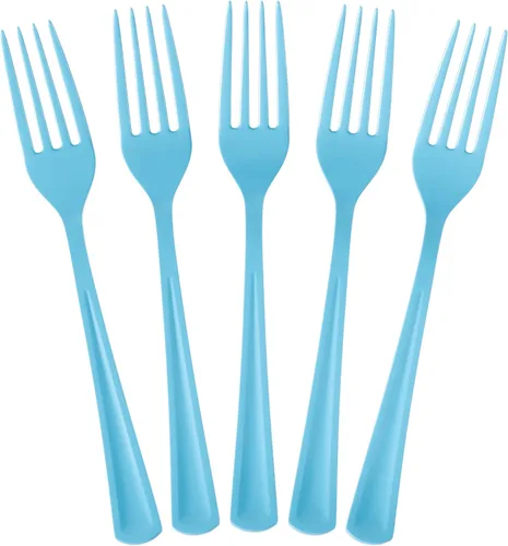 Exquisite Tenedores de plástico azul claro, 50 piezas, tenedores azul claro, utensilios desechables, juego de cubiertos de plástico resistente,
