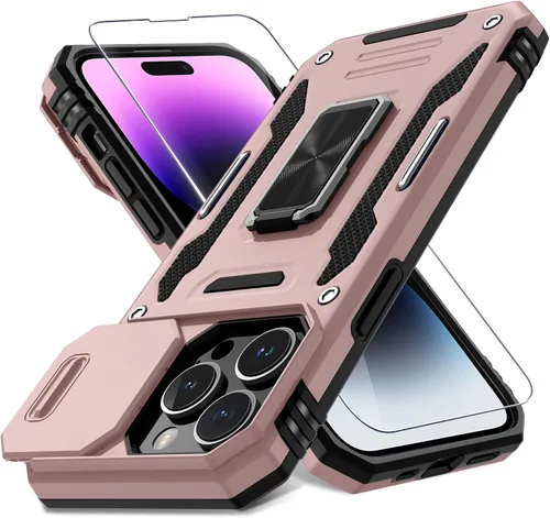 Miniatura 32 de DEERLAMN Funda para iPhone Xs Max con funda deslizante para cámara + protector de pantalla, soporte giratorio de anillo de grado militar a prueba
