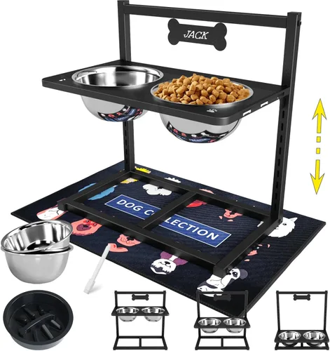 Miniatura 13 de Cuencos Elevados para Perros Grandes, Soporte Elevable Ajustable a 6 Alturas con Alfombrilla, Cuenco de Alimentación Lenta y Tres Cuencos de 1700ML