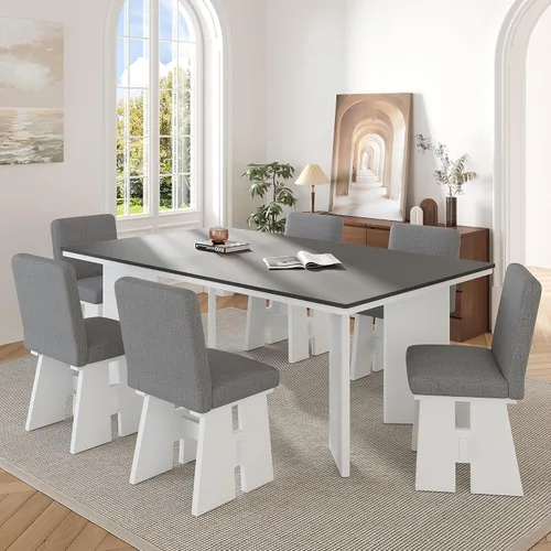 Miniatura 8 de Merax Farmhouse - Juego de 6 mesas de comedor de madera extensibles de 82 pulgadas, 4 sillas con respaldo, banco para 2 personas con cojín