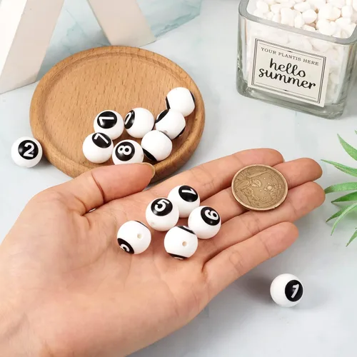 Miniatura 5 de Craftdady 20 cuentas de números de silicona de 0.531 in, números blancos y negros, 0-9, cuentas focales redondas para bolígrafos, manualidades
