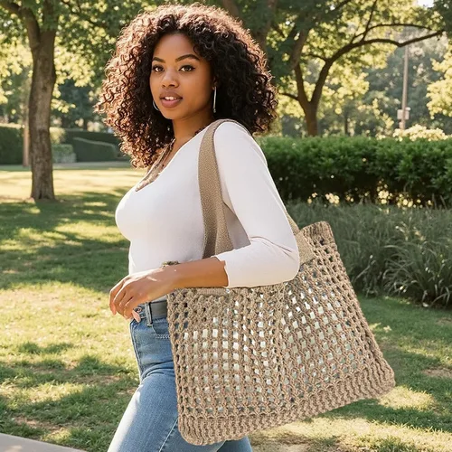 Miniatura 37 de ENBEI Bolsa de playa para mujer, diseño hueco de punto de ganchillo, elegante para la playa, viajes y uso diario