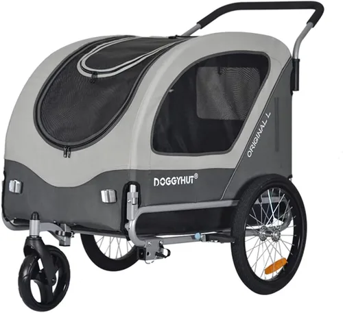 Doggyhut Remolque y cochecito de bicicleta para mascotas grandes originales 2 en 1, para perros de hasta 78 libras, frenos de estacionamiento, marco