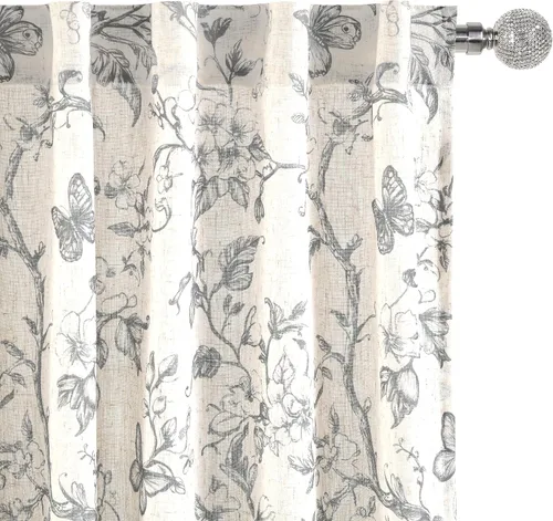 Miniatura 25 de DWCN Cortinas traslúcidas de lino floral, bolsillo para barra y pestaña trasera, cortina de mezcla de lino para dormitorio, sala de estar, cortinas