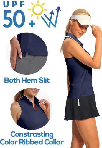 Miniatura 3 de Hiverlay Camisetas de golf sin mangas para mujer, con espalda cruzada, para tenis, atléticas, con cremallera, cuello de secado rápido, UPF 50+