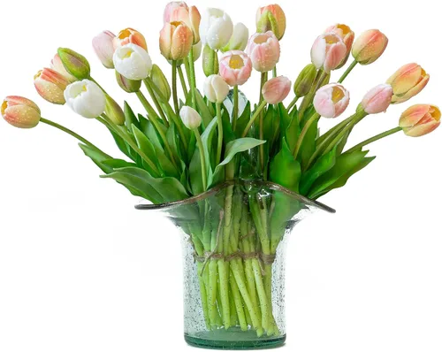 Miniatura 13 de DUYONE 15 flores de tulipanes artificiales, suave al tacto, realista, ramo de tulipanes de látex para el hogar, oficina, boda, fiesta, decoración