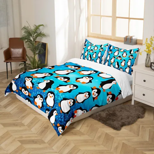 Miniatura 5 de Juego de funda de edredón de pingüinos de dibujos animados para niños, tamaño King, bonito juego de ropa de cama de animales de poste ártico