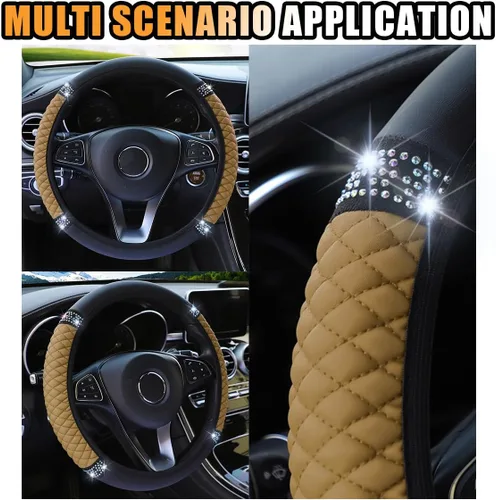 Miniatura 6 de Funda de cuero suave para volante, 15 pulgadas, con diamantes de imitación coloridos y elásticos para mujeres y niñas, accesorios de automóvil