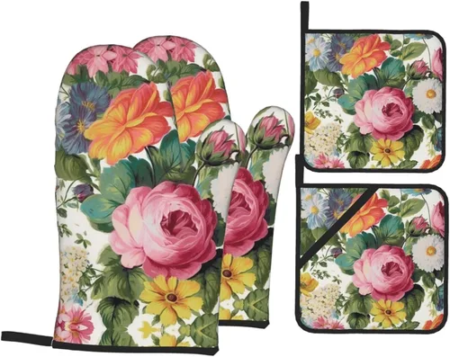 Juego de guantes de horno y soportes para ollas con estampado floral de jardín, resistentes al calor, antideslizantes, guantes de cocina, 4 unidades