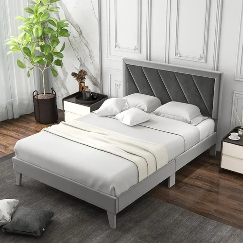 Miniatura 9 de Giantex Base de cama de terciopelo de tamaño matrimonial con cabecero, moderna plataforma tapizada, base de colchón con 12 listones de madera