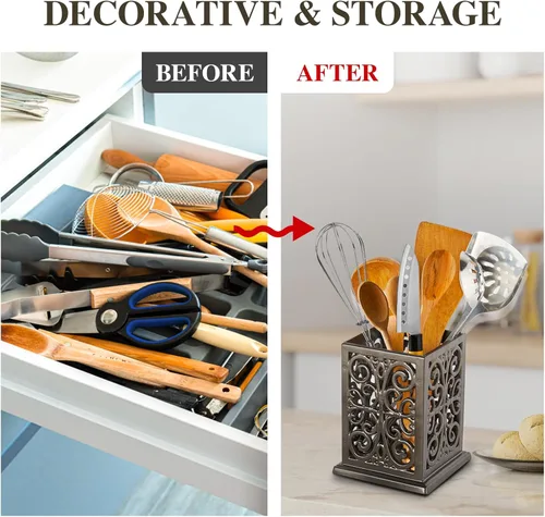Miniatura 5 de jogreful Soporte para Utensilios de Cocina, Olla de Cocina de Hierro Fundido para Encimera, Organizador Extra Grande de Utensilios con Base Café
