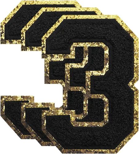 Miniatura 111 de 3 parches de números de chenilla negra, tamaño grande de 4-1/2" parches de números para planchar, parches universitarios para ropa, 8" Borde oro rosa
