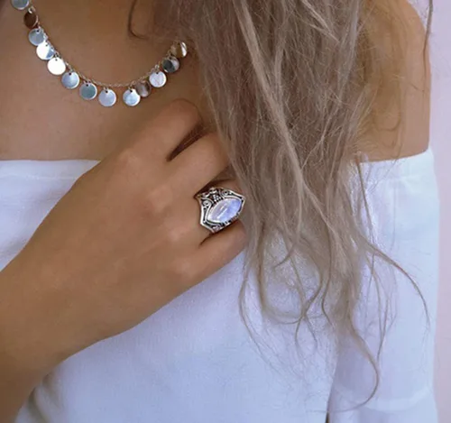 Miniatura 3 de Anillo de plata vintage de plata de ley 925 con piedra lunar natural para mujer, elegante anillo de boda con piedras preciosas, 6, Plata, Piedra
