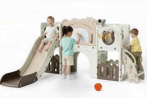 Arlopu Juego de tobogán grande para niños de 10 en 1, juego de tobogán con pizarra para dibujar, aro de baloncesto, parque infantil resistente, casa