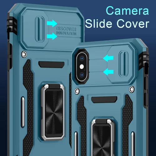 Miniatura 370 de DEERLAMN Funda para iPhone Xs Max con funda deslizante para cámara + protector de pantalla, soporte giratorio de anillo de grado militar a prueba